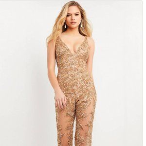 Jovani 05136 Nude RoseGold Beaded Evening Jumpsuit